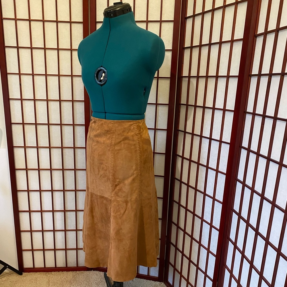 Vintage Suede Mid Length Tan/ Brown Leather Midi Skirt Women Size 8